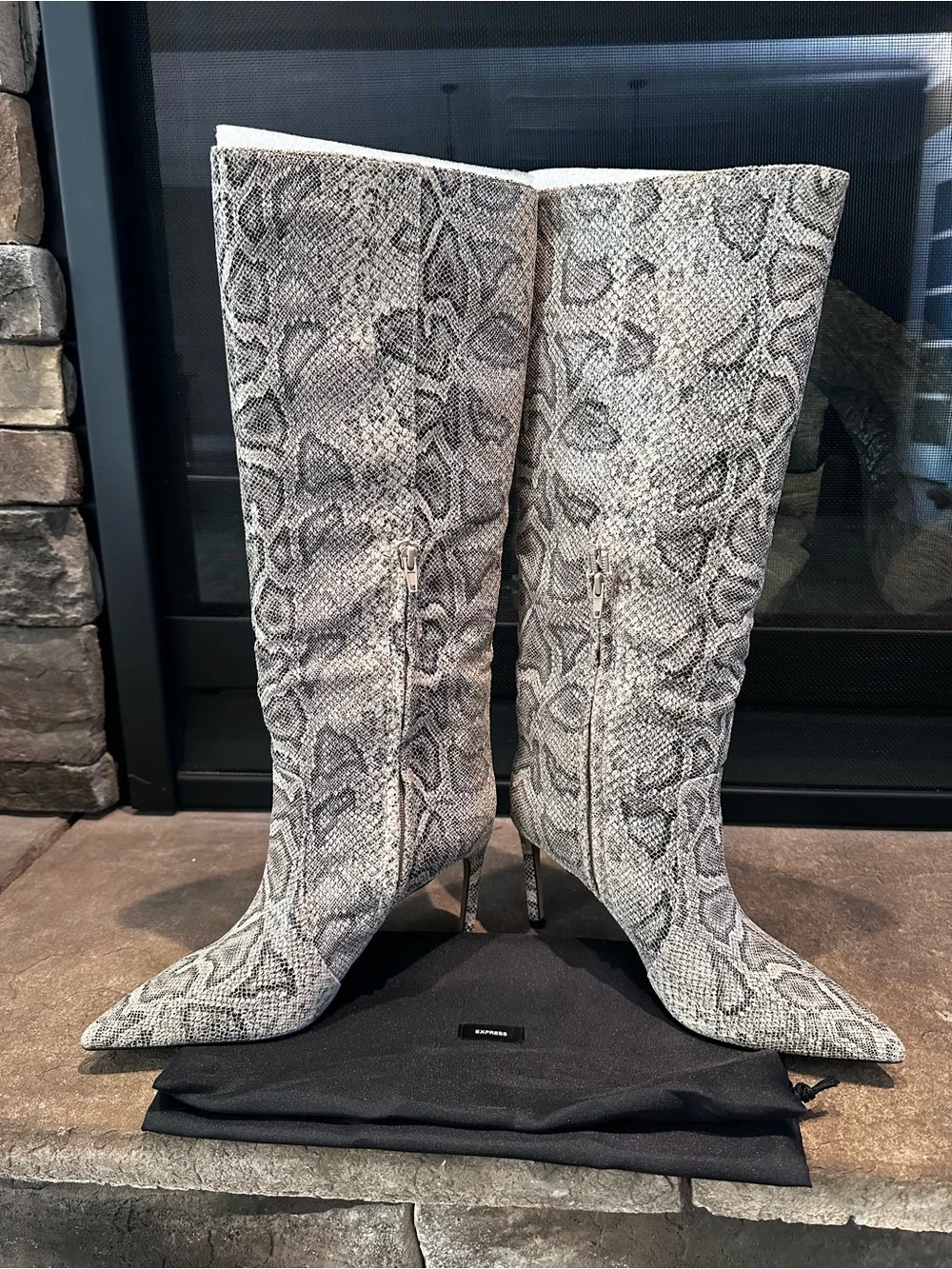 Express Women's Knee-High Snakeskin Pointed-Toe Stiletto Boots - Grey
